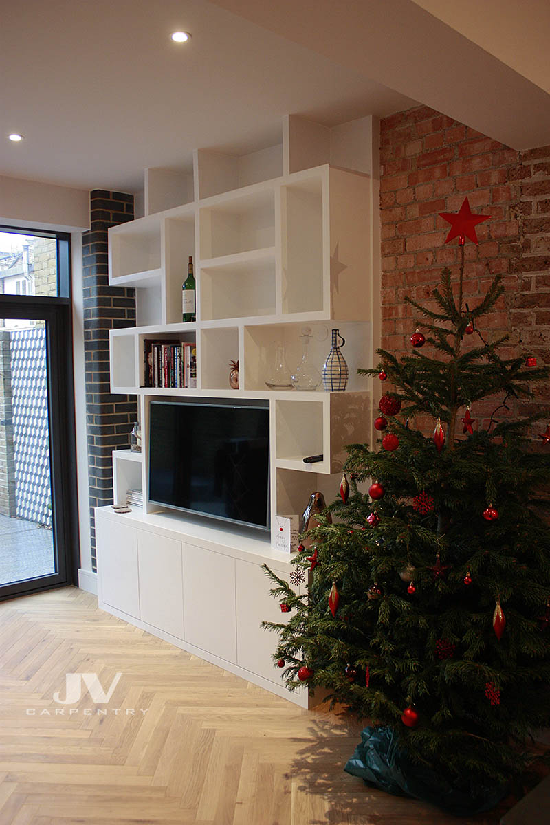 fitted cupboards and random shelves